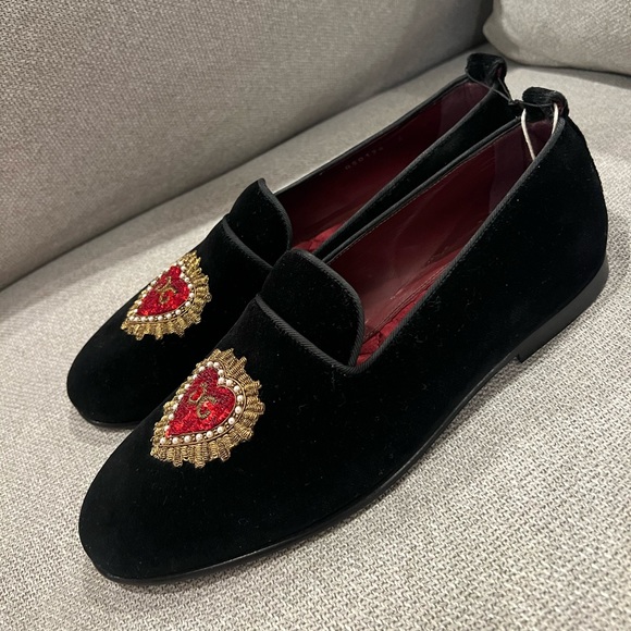 NEW Dolce & Gabbana Devotion Heart DG logo black velvet loafers main image 12